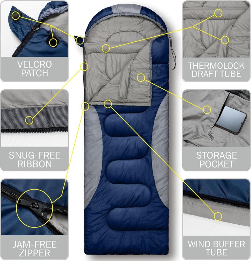 rioyalo 0 Degree Winter Sleeping Bags for Adults Camping (450GSM) - Temp Range (5F–32F) Portable Waterproof Compression Sack- Camping Sleeping Bags for Big and Tall in Env Hoodie: Backpacking Hiking 4 Season - Image 5
